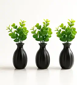 Trio de Vasos Decorativos com Eucalipto Artificial – Vasos de Cerâmica com Plantas para Sala, Quarto, Banheiro, Escritório ou Mesa de Centro – Estilo Moderno e Natural