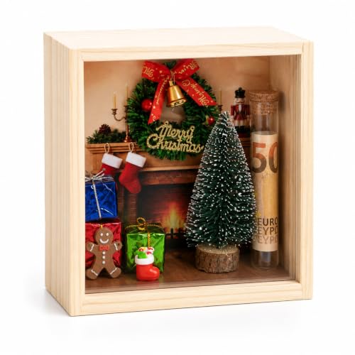 Geldgeschenk zu Weihnachten, Holzbox mit Miniatur-Deko und Geldröhrchen | Detailreiche Weihnachtskulisse mit Geldröhrchen und Mini-Deko – kreativ selbst gestalten, verschenken und dekorieren