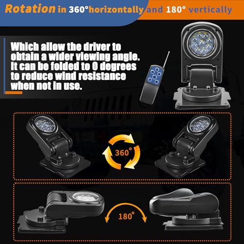 Remote LED Spot Lights for Trucks, Auto-Return 360 Rotating Search Light for Truck Marine Spotlight 180 Folding Backup Lights 12V 24V, Permanent Mount by LuxBang - Image 4
