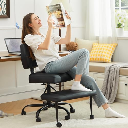 Image of Ergonomic Criss Cross Legged Office Chair, ADHD Chair, 360 Swivel Meditation Kneeling Chair with Wheels, Adjustable Footrest, Bigger & Wider Height Adjustable Seat, Strong Lumbar Support, Black PU