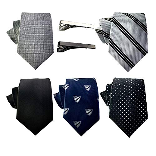 5 Luxury Mens Neckties, 2 Modern Tie Bars, Designer Gift Box, The must have Mens Necktie Set