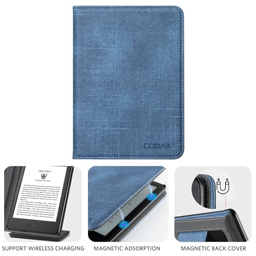 Image of CoBak Case for 6 inch E-Reader - PU Leather Smart Cover with Auto Sleep /Wake & Hand Strap, not Compatible with Kobo Clara,Fabric Blue