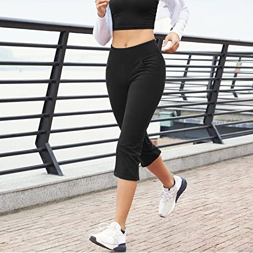 Zoojinfar Running Capri Yoga Pants With Pockets For Women High Waisted Tummy Control Leggings Knee Length Athletic Shorts Black #TOP5