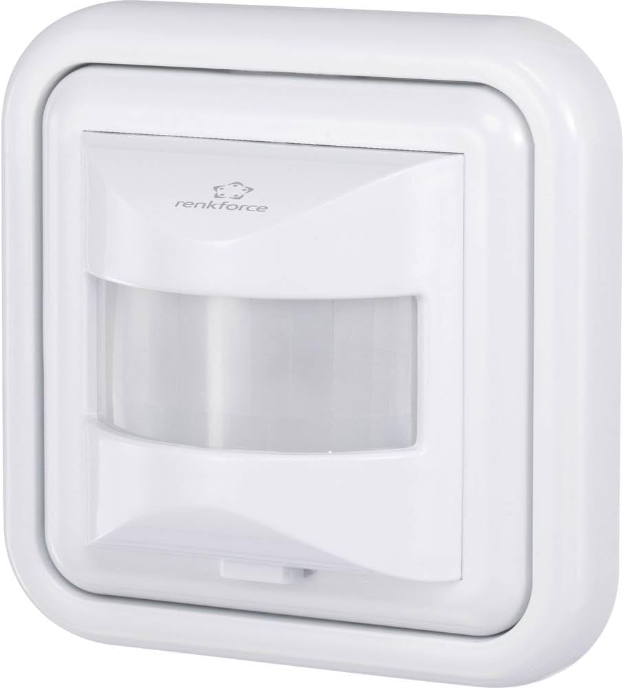 Přední view of the Renkforce PIR Motion Detector, a white square device with a translucent sensor lens in the center.