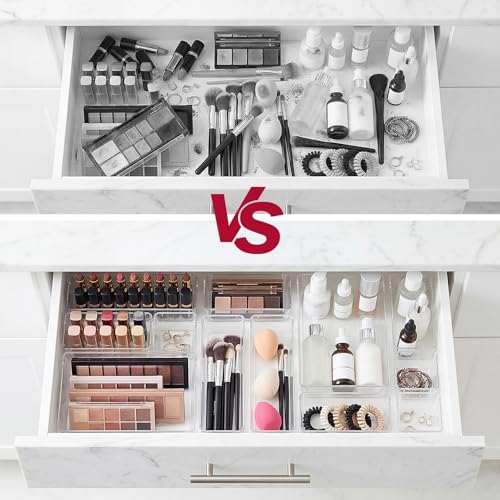 Schubladen Organizer Set 15-teilig, Drawer Organizer mit 4 Größen für Schminktisch & Schublade, transparenter Make-up Organizer für Kosmetik, Büro und Bad