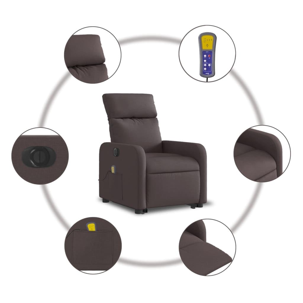 Sillón elevador eléctrico con masaje de 6 puntos y reclinación automática, tejido marrón oscuro, función elevación y vibración, estructura estable de madera