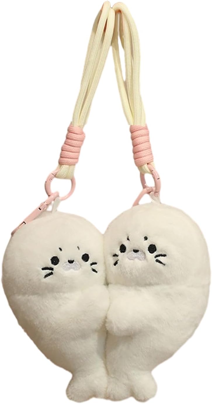 Cute Baby Seal Plush Keychain, Magnetic Heart Fluffy Keyring for Bag