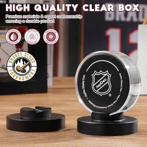 Image of JupDec Hockey Puck Display Case Acrylic Clear Holder with Wood Base, Autograph Souvenir Display Stand, Perfect Showcase for Your Collection, Black, 1 Pack