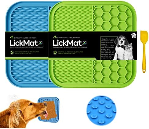 JEHF Lick Mats for Dogs, 3Pcs Slow Feeding Licky Mats for Dogs with Suction Cups, Dog Lick Mats for Treats/Food, Food Grade Silicone, (Green Dog Mat + Blue Dog Food Mat + Yellow Spatula)