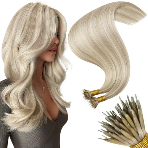 Image of Moresoo Nano Hair Extensions Real Human Hair, Ash and White Blonde, 14 Inch | 50g 50 strands, lightweight nano ring placement, adds buildable fullness for fine hair and everyday styling