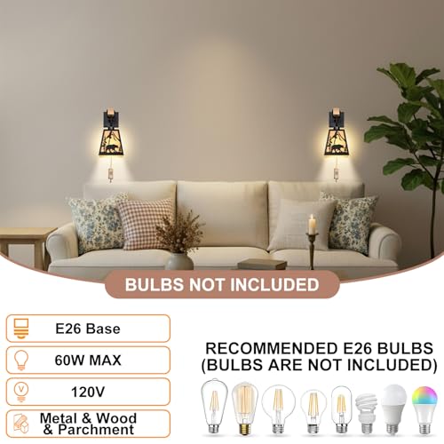 Image of Plug in Wall Light,Bear Metal Rustic Wall Sconces,Parchment Farmhouse Wall Sconces Set of Two,Black Industrial Wall Mounted Light,Wall Lamps for Bedroom,Living Room,Bedside,Indoor,Bathroom