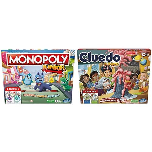 Hasbro Gaming Jeu de société Monopoly Junior, Plateau de Jeu Recto-Verso, 2 Jeux en 1 &amp; réversible, 2 1, d'enquête Cluedo pour Jeunes Plateau pour Enfants, Jeux Junior, F6419101