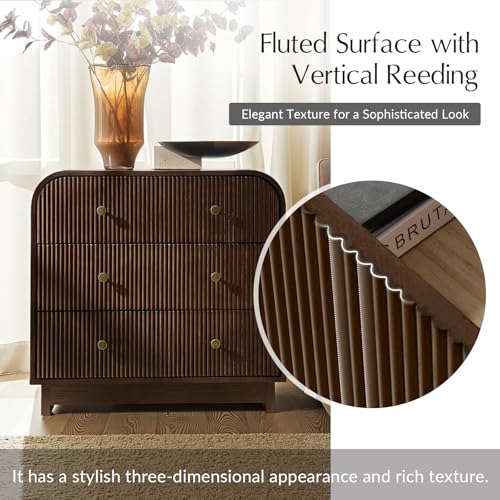 HULALA HOME Fluted Nightstand with Charging Station, Modern 3 Drawer Wood Night Stand with Solid Wood Legs, Large Bedside Table for Living Room Bedroom, Easy Assembly, Walnut - Image 3