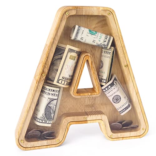 WOOD CITY Letter Piggy Bank for Adults Boys Girls Kids, Wooden 9 inch Large Personalized Bills and Coins Bank Money Box, Customized Name DIY Creative...
