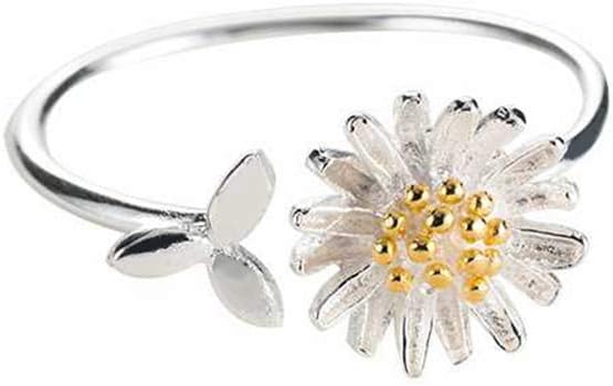 NewZenro Daisy Flower Cute Leaf Sterling Silver Engagement Open Toe Rings Dainty Adjustable Gold Plated Finger Promise Statement Sunflower Ring Jewelry Gifts for Birthday Women Daughter