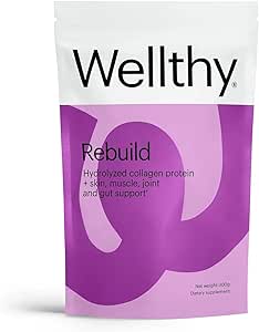 Wellthy Collagen Peptides Protein Powder - Grass Fed Hydrolyzed Collagen for Hair Growth, Skin, Nails, Gut and Joint Support - 20,000mg Collagen &amp; 18g Protein | Unflavored (15 Servings)