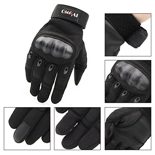 Omgai Upgraded Men's Full Finger Tech Touch Gloves Motorcycle Hard Knuckle Gloves For Airsoft Tactical Hiking Camping Outdoor Sports Black, M #TOP3