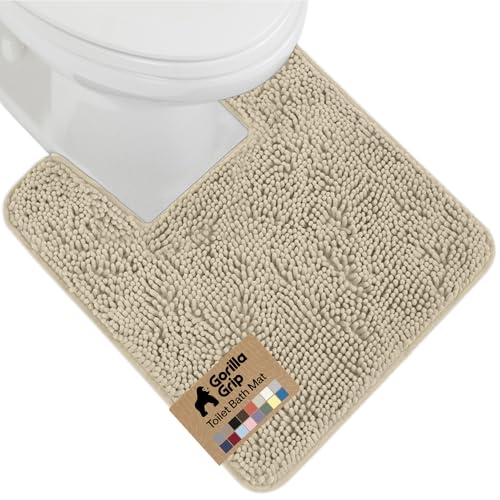 Image of GORILLA GRIP Plush Absorbent Shaggy Chenille Bath Rug Mat for Square Toilet Base with Rubber Backing, Machine Washable Rugs, Soft Microfiber Contour Mats for Toilets, Bathroom Decor, Sand