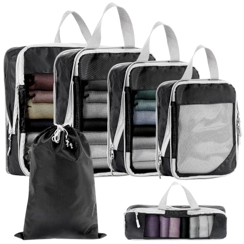 icyant Organizador De Equipaje, 6 en 1 Set de Organizadores de Viaje de Compresión Expandibles, Organizador Maleta Viaje, Bolsas Organizadoras Maleta Para Ropa, Zapatos,Negro (Negro) (S-0089)