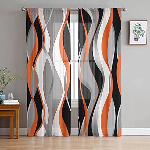 Orange Black Grey Sheer Curtains 72 Inch Length 2 Panels Set for Living Room/Bedroom, Modern White Moire Geometric Abstract Art Curtain Sheers Drapes Rod Pocket Curtains Window Treatment Set 52x72x2 Cover