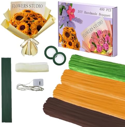 LOLEDE400 Pcs Pipe Cleaners Craft,3 Assorted Colors Pipe Cleaners Bulk,Craft Pipe Cleaners,Pipe Cleaner FlowersMaking Kit with Floral Wires, Gardening Tape,Led Strip, Ribbon (Yellow)