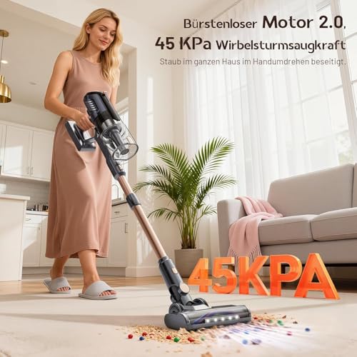 Akku Staubsauger 45000Pa, 60Min, nur 1,9 kg, 6-in-1 Staubsauger Kabellos mit LED-Leuchten, Anti-Tangle-Bürste & Ladestation,99,9 Prozent Filterleistung für Tierhaare, Teppiche, Hartböden, Auto