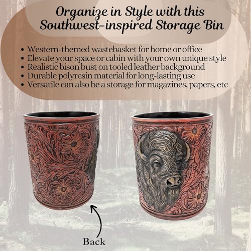Image of BestGiftEver Faux Tooled Leather Trash Bin with Bison Bust Accent - Southwest Decorative Resin Wastebasket - Ideal for Ranch Farmhouse Enthusiasts