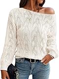 Flamingals Long Sleeve Sweaters for Women Off Shoulder Round Neck Pointelle Knit 2025 Trendy Casual Pullover Tops Beige M