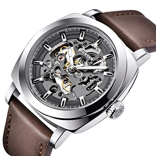 Benyar Automatic Watches for Men | Skeleton Mechanical Leather Strap Mens Watch | 45mm Dial | 30M Waterproof | Men's Stylish Gift - Image 3