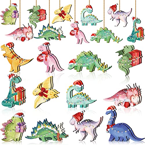 Yalikop 24 Pcs Christmas Wooden Ornaments for Tree Dinosaur Hanging Decor