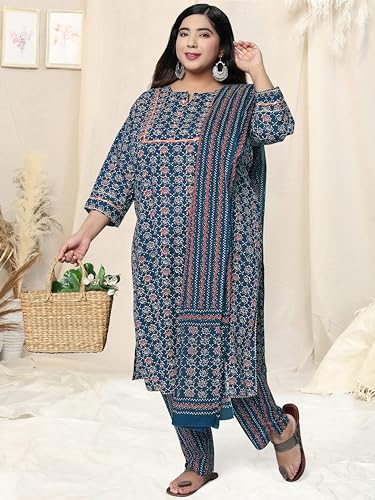 Image of MIRCHI FASHION Plus Size Pure Cotton Kurta Set for Women | 3 Piece Printed Straight Fit 4XL 5XL Kurta Pant Set with Dupatta | Ethnic Work Wear Set | 3XL 4XL 5XL Salwar Suit