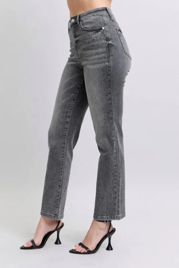 Judy Blue Gray High Rise Rhinestone Straight Jeans - Image 4