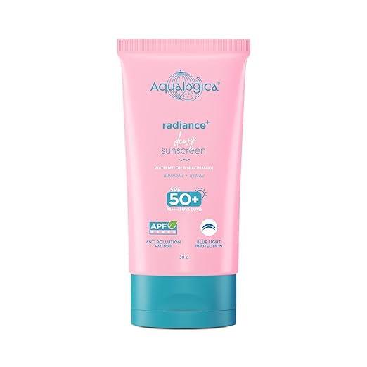 Aqualogica Radiance+ Dewy Sunscreen Gel SPF 50+ PA++++ Lightweight texture for oily , combination , acne prone skin Broad spectrum protection In-vivo Tested No white cast , Non greasy For Men & Women 30g