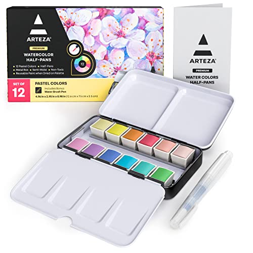 ARTEZA Watercolor Paint Set, 12 Pastel Tones Half Pans, Watercolor Set