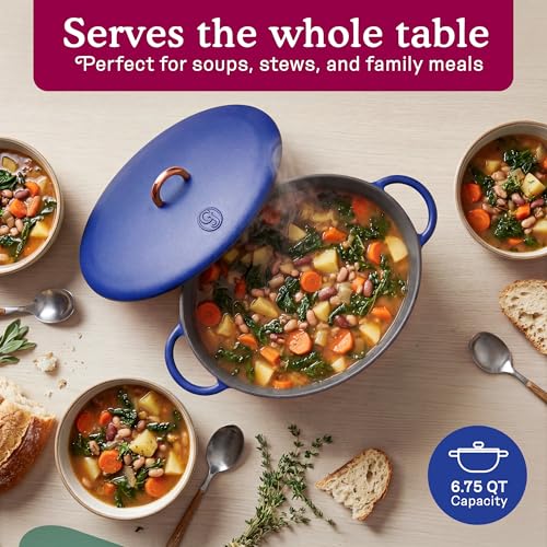 Image of Great Jones 6.75 Quart Enameled Cast Iron Dutch Oven Pot w /Lid(Blueberry) | Large Dutch Oven For Bread Baking, Oval with Dual Handles, All Stovetop Safe up to 500, Non Stick & Dishwasher Friendly