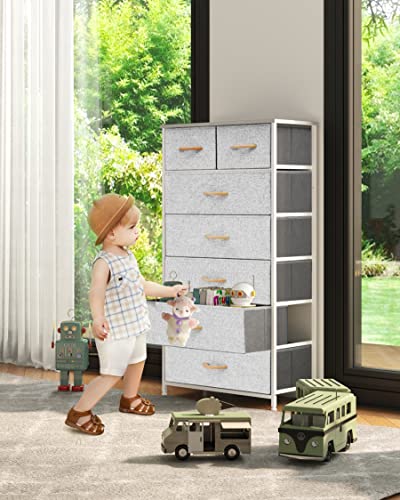Vredhom Tall Dresser Organizer, 7 Drawers Dresser Fabric Storage Closets Storage Units Organizer Tower Steel Frame Wooden Top For Bedroom, Hallway,Nursery, Entryway(Light Grey) #TOP7