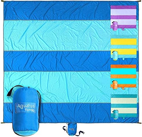 AQUATUS Beach Blanket Sandproof Extra Large Oversized 10ft by 9ft for 2-8 Adults, Best Beach Mat Accessories for Vacation, Camping, Picnics, and Events Attached Bag with 4 Stakes and 4 Corner Pockets