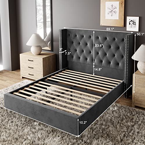 Jocisland Bed Frame Queen Size Velvet Tufted Upholstered Platform Bed Raised Wingback Headboard/Wood Slats Support/No Box Spring Needed/Easy Assembly/Dark Gray #TOP4