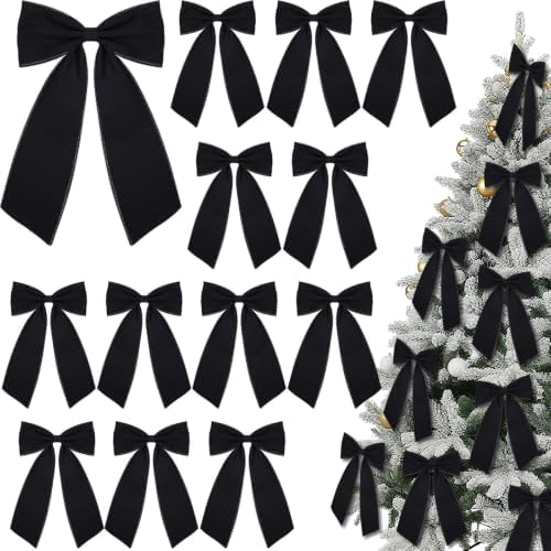 12 Pcs Black Large Christmas Velvet Bow, Xmas Tree Decor
