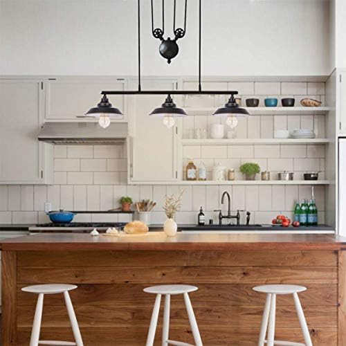 Ganeed 3-Light Pully Pendant Light,Rustic Kitchen Island Lights with Metal Shades,Adjustable Hanging Height,Industrial Vintage Ceiling Lights Fixture for Dinner Room Farmhouse Bar