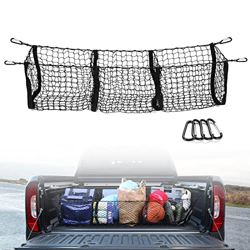 Cargo Net For Pickup Truck Bed - 47" X 12" Cargo Net Trunk Bed Organizer W/ 3 Pocket For Truck Bed, Car, Van Grocery Holder, 4 Metal Carabiners #TOP8