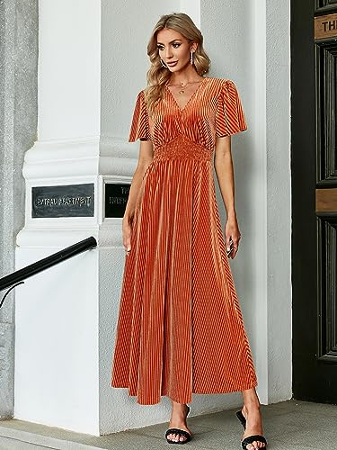 Image of Simplee Women's V Neck Velvet Maxi Dress Short Sleeve Empire Waist Long Formal Dress for Wedding Guest