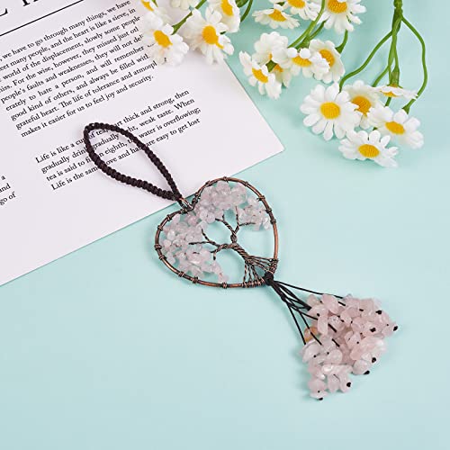 Wewaysmile Natural Rose Quartz Tree Of Life Pendant Heart Shaped Tree Of Life Charm Red Copper Plated Brass Wires And Nylon Cord For Home Car Ornament Tassel Yoga Healing Lucky Jewelry #TOP1