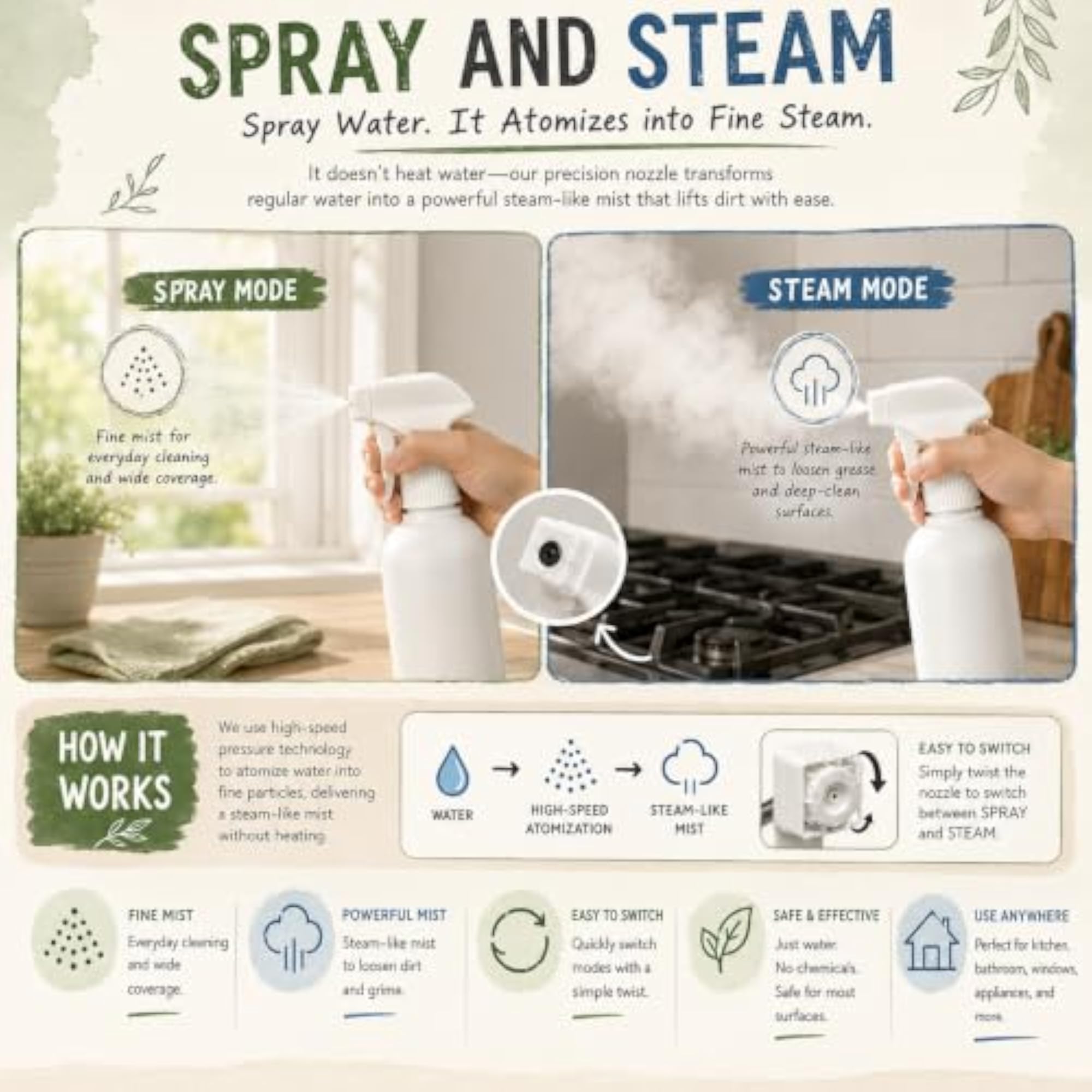 Multipurpose 250ML Fine Mist Spray Bottle, Adjustable Nozzle