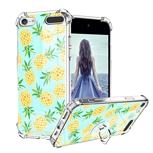OOK Compatible with iPod Touch 7 6 5 Generation Case Ring Holder Stand for Girls Woman Kids,Soft TPU Bumper PC Back Shockproof Protective Case-Pineapple