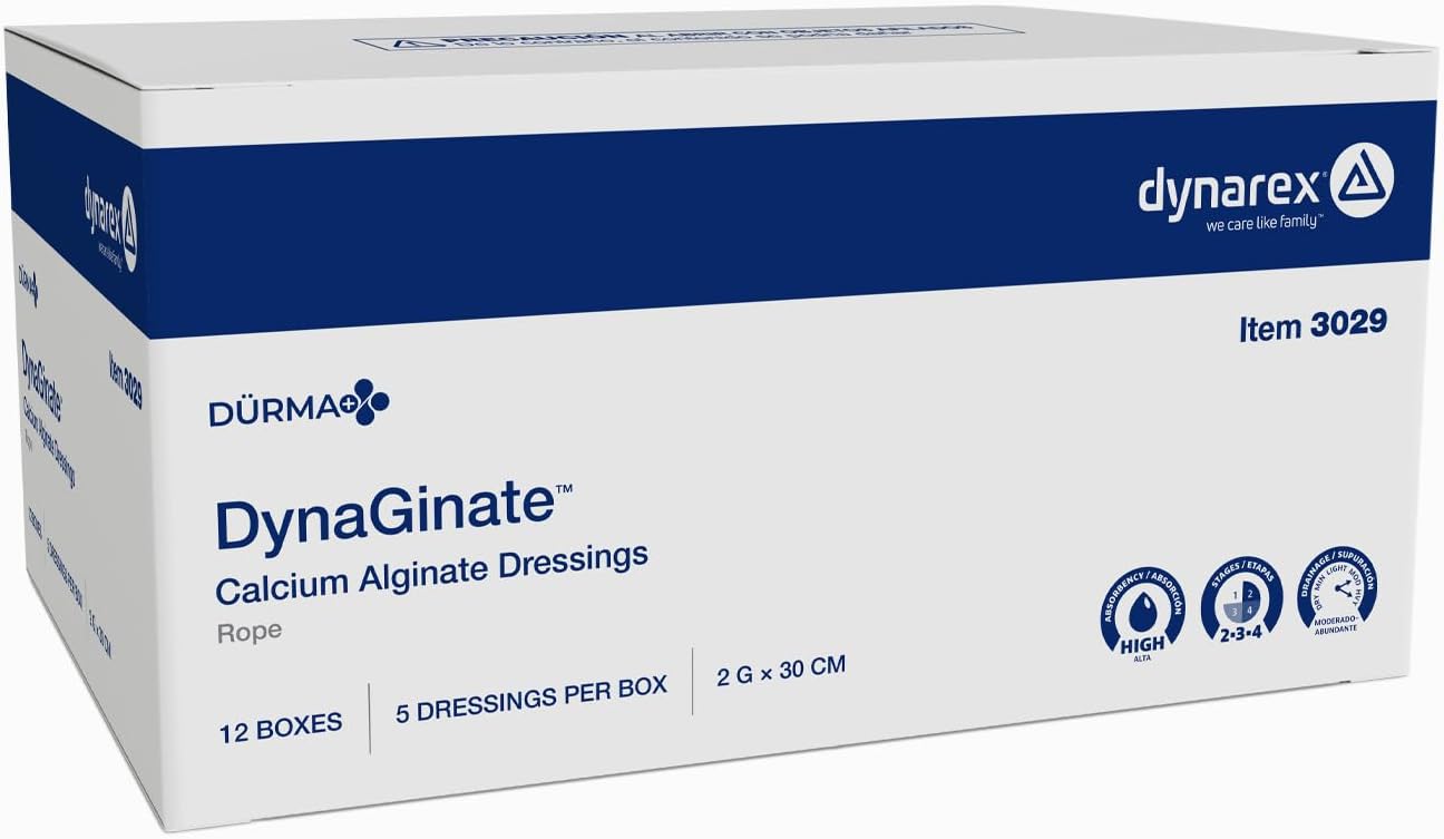 Dynarex DynaGinate Calcium Alginate Wound Dressing - Sterile, Non-Stick Topical Wound Pads - Absorbent Gel Patches for Moderate to High Exuding Cuts - 2g x 30cm, 12 Boxes of 5