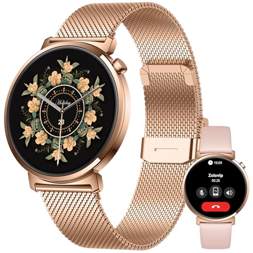 Zolovip Smart Watch for Women 7.9mm Ultra Thin 1.32 AMOLED Screen Bluetooth Calling Fitness Tracker for Android iPhone Heart Rate Sleep Monitor IP68 Waterproof 2 Straps Rose Gold Gift