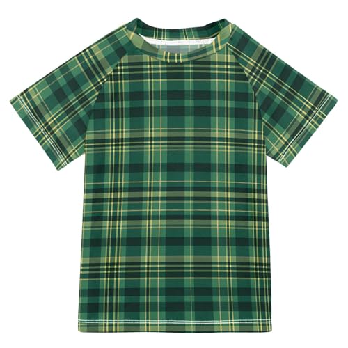 ALAZA Kids Rash Guard Boys Toddler Swim Shirts Short Sleeve Check Plaid Green 2 UPF 50+ 3T
