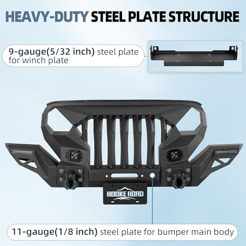 Image of Hooke Road Gladiator Front Bumper Grille (with Wings) for 2018-2026 Jeep Wrangler JL & Gladiator JT, Aggressive Offroad Bumper Include Winch Plate, D-Rings, DRL Lights