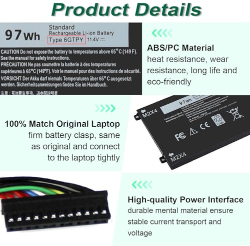Image of DMKAOLLK 97Wh 6GTPY Battery for Dell XPS 15 9560 9570 9550 7590 Precision 5510 5520 5530 5540 Vostro 7500 7590 Series 4GVGH GPM03 1P6KD 5XJ28 M2X4 P56F P56F001 11.4V